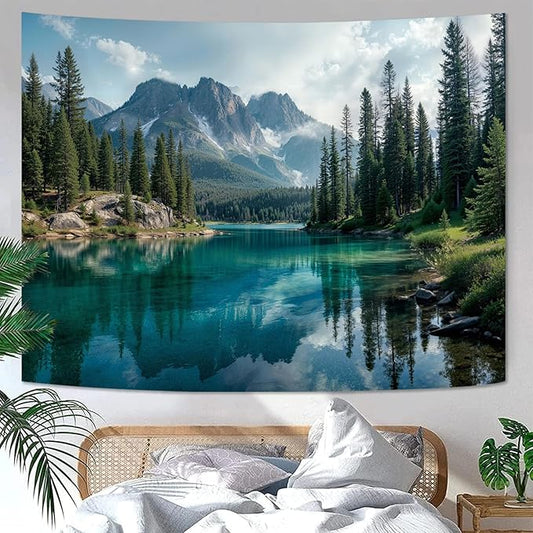 Zussun Nature Forest Mountain Tapestry Green Emerald Lake Pine Tree Tapestry for Bedroom Aesthetic Snowy Peaks Landscape Small Tapestries Wall Hanging for Dorm Living Room Decor 60 x 44 Inch
