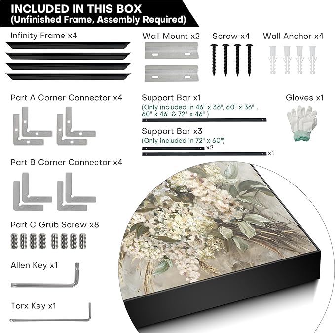 36"x60" XL Framed Wall Art - Elegant Whimsical White Flower Bouquet (Frame Assembly Required)