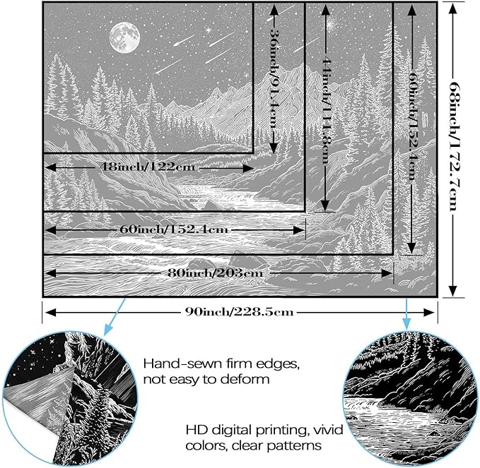 Zussun Black and White Forest Mountain Tapestry for Bedroom Aesthetic Dark Nature Pine Trees Stream Tapestries Wall Hanging Moon and Stars Wall Tapestry for Living Room Dorm 60 × 44 Inch