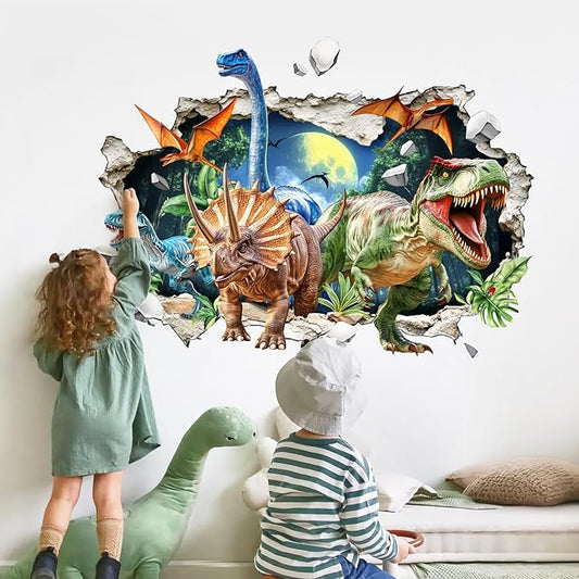 3D Dinosaur Wall Decals Break Through Large Dino Jungle Dinosaur Wall Stickers for Boys Kids Bedroom Baby Nursery Playroom Classroom Decor