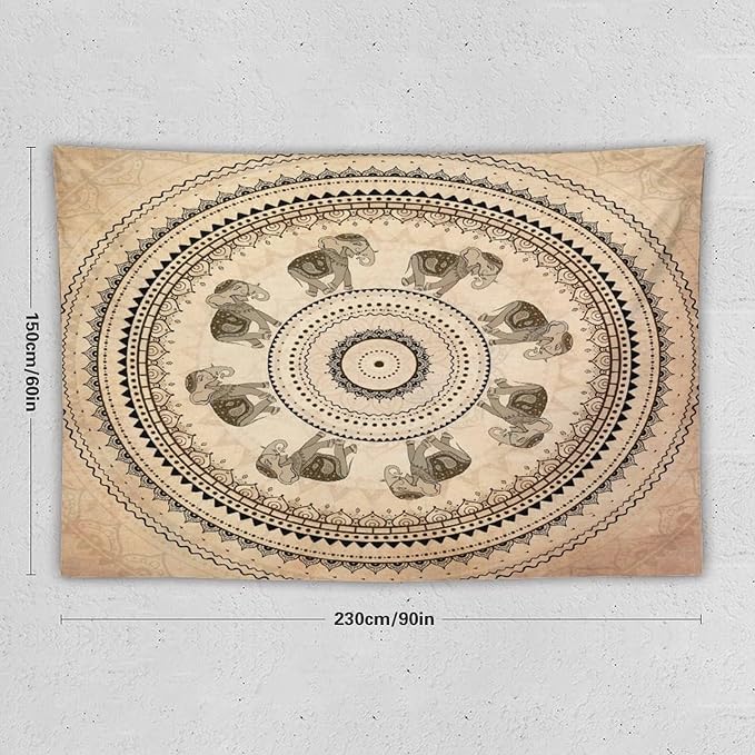 AAVEUP Indian Hippie Bohemian Psychedelic Tapestry Bohemian Brown Abstract Geometric Mandala Flower Vintage Elephant Texture Tapestries for Bedroom Dorm Living Room Decor 60x90in