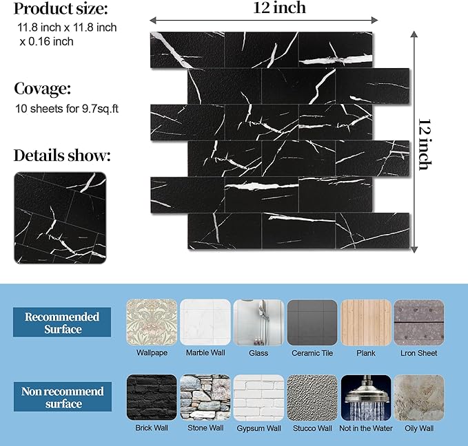 10-Pack Peel and Stick Tile Backsplash 12"X12" PVC Wall Tiles, Stick on Backsplash for Kitchen, Bathroom Tile, Fireplace Décor, Laundry Table, Stair Decals in Black Rocks