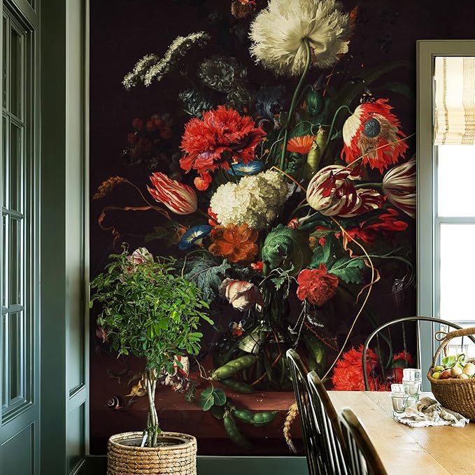 Zeeko Dark Floral Peel and Stick Wall Murals 59" W x 98" H Vintage 3D Flowers Wallpaper Self Adhesive Nature Botanical Wall Art for Bedroom TV Background Living Room Decor