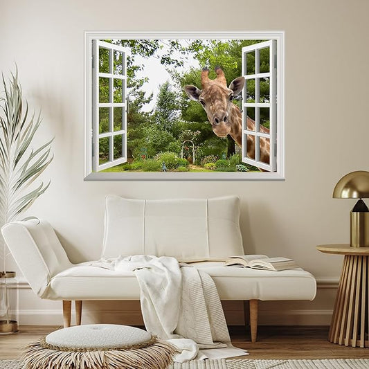 wall26 Creative Wall Sticker Removable Wall Decal - A Curious Giraffe Sticking Its Head into an Open Window Cute & Funny Wall Mural - 24"x32"