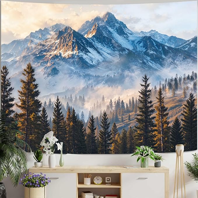 Zussun Nature Forest Mountain Tapestry Misty Pine Tree Woodland Wall Tapestry for Bedroom Aesthetic Snowy Mountain Landscape Large Tapestries Wall Hanging for Dorm Living Room Decor 90 x 68 Inch