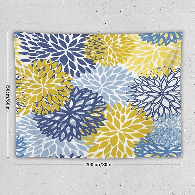 ZhiRain Blue Yellow Floral Tapestry Wall Hanging Boho Dahlia Chrisanthemum Flowers Pattern Tapestries Home Decor for Living Room Bedroom Farmhouse Apartment Dorm 60"x80"