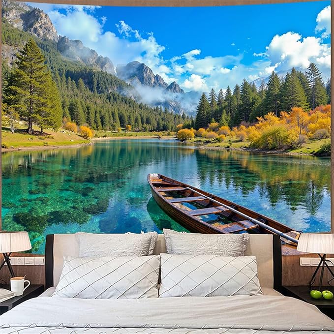 Zussun Nature Mountain Forest Tapestry Green Pine Tree Wall Tapestry for Bedroom Aesthetic Stream Boat Landscape Small Tapestries Wall Hanging for Dorm Living Room Decor 48 x 36 Inch