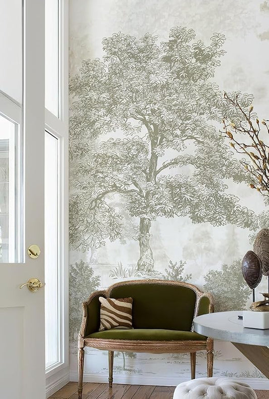 Zeeko Vintage Forest Wall Mural Peel and Stick 59" W x 110" H Beige Tree Wallpaper Self-Adhesive Large Nature Landscapes Murals Canvas Wall Decor