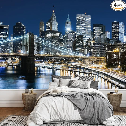 wall26 Removable Wall Sticker Wall Mural Futuristic Night Neon Light Bridge City Cityscape Landmarks Photography Realism Urban Landscape Colorful for Living Room, Bedroom, Office - 66x96 inches