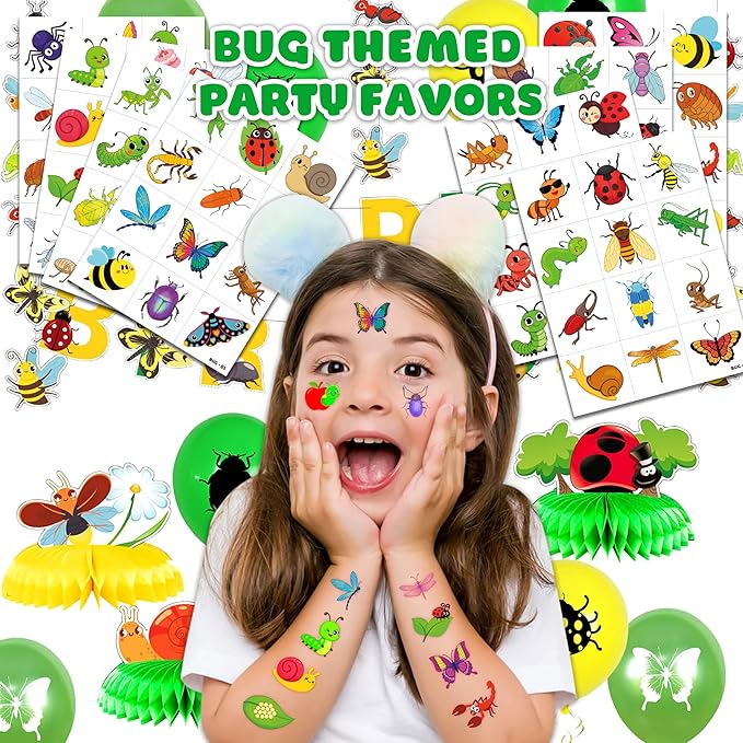 96 PCS Cute Bug Insect Pre-Cut Temporary Tattoos for Kids | Super Cute Ladybug Themed Birthday Party Favors, Supplies, Decorations, Animal Fake Tattoo Stickers, School Rewards & Gifts Boys & Girls