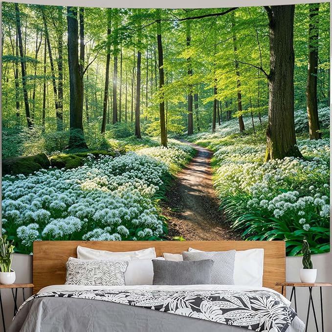 Zussun Nature Forest Tapestry Green Tree Woodland White Flower Path Tapestry for Bedroom Aesthetic Sunshine Landscape Large Tapestries Wall Hanging for Dorm Living Room Decor 80 x 60 Inch
