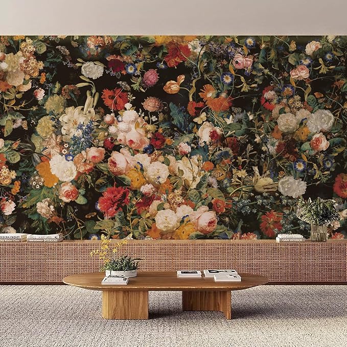 Zeeko Dark Floral Wallpaper Peel and Stick 177" W x 110" H Waterproof Canvas Fabric Vintage Moody Large Wall Mural Self Adhesive Removable Wall Paper for Bedroom Living Room Art Deco