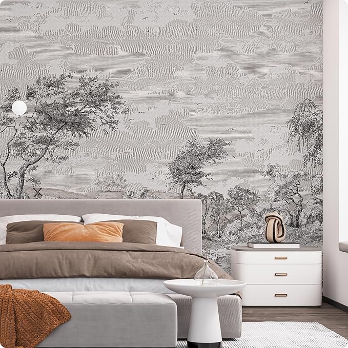 Zeeko Vintage Forest Nature Wall Mural Peel and Stick (148" W x 110" H) Gray Trees Woodland Mural Wallpaper Self-Adhesive Wallpaper for Bedroom Living Room Canvas Wall Paintings