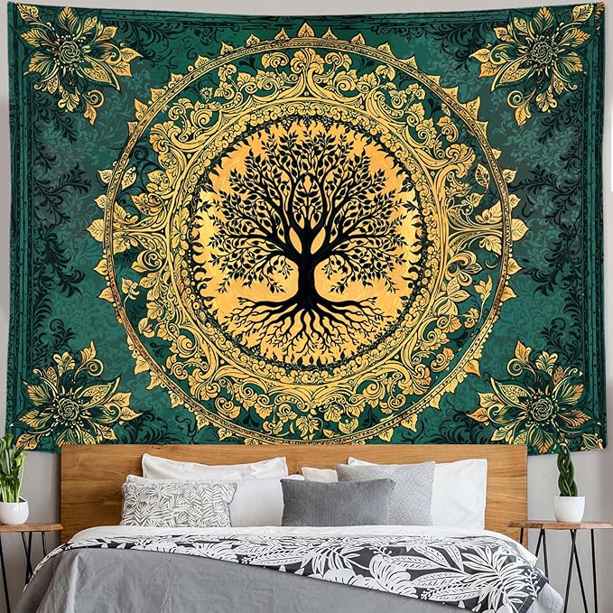 Zussun Tree of Life Tapestry Vintage Boho Mandala Tapestries for Bedroom Aesthetic Retro Bohemian Green Gold Plant Floral Flowers Leaves Tapestry Wall Hanging for Dorm Living Room 60 x 44 Inch
