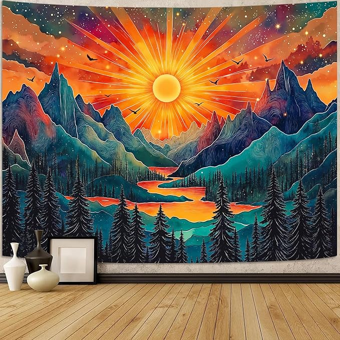 Zussun Vintage Sun Mountain Tapestry Hippie Boho Nature Forest Tree Wall Tapestry for Bedroom Aesthetic Sunset River Landscape Small Tapestries Wall Hanging for Dorm Living Room Decor 60 x 44 Inch