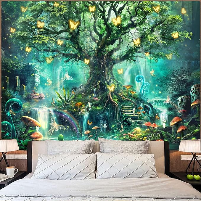 Zussun Fantasy Forest Tapestry Green Fairy Magical Tree of Life Tapestries for Bedroom Aesthetic Nature Plant Mushroom Butterfly Elves Wall Tapestry for Living Room Dorm (60" x 44")