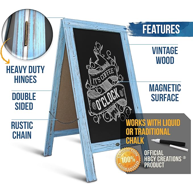 A Frame Chalkboard by HBCY Creations: 40x20 Solid Wood A-Frame Sign Robin Blue Double-Sided Magnetic Board, Chalkboard Menu Board, for Restaurants, Cafés, Weddings - Heavy Duty Hinges
