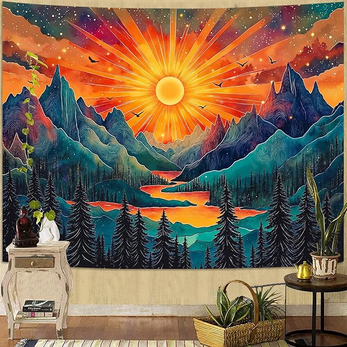 Zussun Vintage Sun Mountain Tapestry Hippie Boho Nature Forest Tree Wall Tapestry for Bedroom Aesthetic Sunset River Landscape Small Tapestries Wall Hanging for Dorm Living Room Decor 48 x 36 Inch