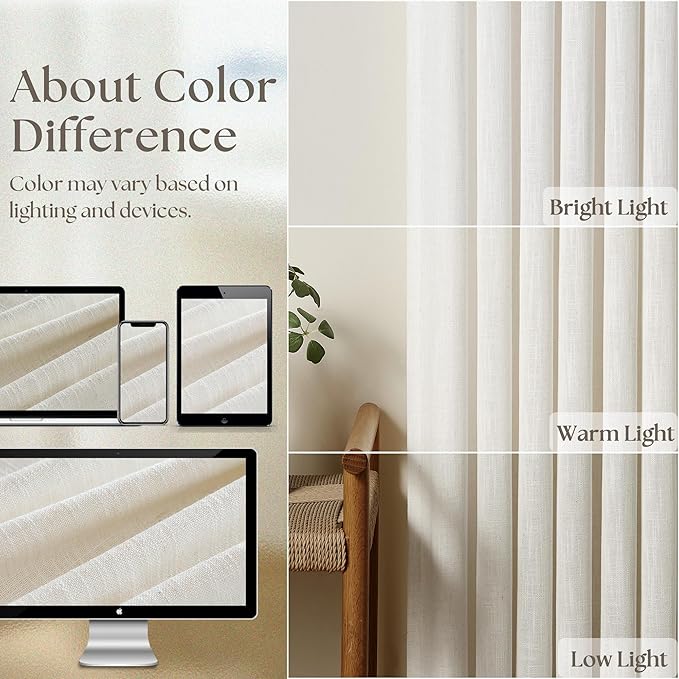 72 Inch Pinch Pleated Linen Curtains 2 Panels for Living Room Bedroom Memory Training Shaped Cream Birch Semi Sheer Short Pleat Drapes with Hooks Rings Back Tab Window Curtain Cabin Closet 40x72