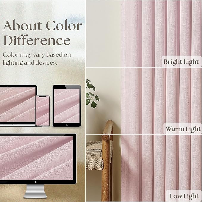 80 Inch Pink Pinch Pleated Semi Sheer Curtains for Girls Bedroom Living Room Pleat Memory Shape Trained Light Filtering Linen 80 Inch Curtains Drape Window Panels Baby Pink Blush Nursery
