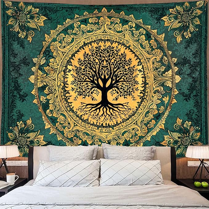 Zussun Tree of Life Tapestry Vintage Boho Mandala Tapestries for Bedroom Aesthetic Retro Bohemian Green Gold Plant Floral Flowers Leaves Tapestry Wall Hanging for Dorm Living Room 80 x 60 Inch