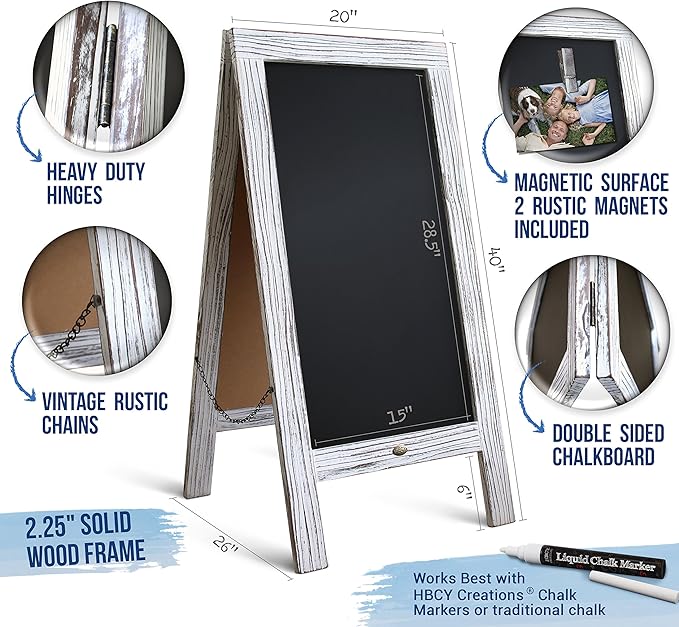 A Frame Chalkboard with Chalk Markers by HBCY Creations: 40x20 Solid Wood A-Frame Sign Whitewash Double-Sided Magentic Menu Board, Deluxe Set Includes 8 Chalk Markers, 10 Stencils, 2 Magnets