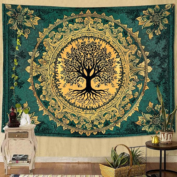 Zussun Tree of Life Tapestry Vintage Boho Mandala Tapestries for Bedroom Aesthetic Retro Bohemian Green Gold Plant Floral Flowers Leaves Tapestry Wall Hanging for Dorm Living Room 60 x 44 Inch