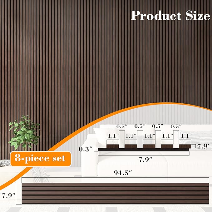 Wood Slat Panels for Wall 8-Piece 94.5" x 7.9" Soundproof Wood Slat Wall Panel for Interior Wall Decor Noise Cancelling, Acoustic Wall Panels, Sound Absorbing Panel, Walnut