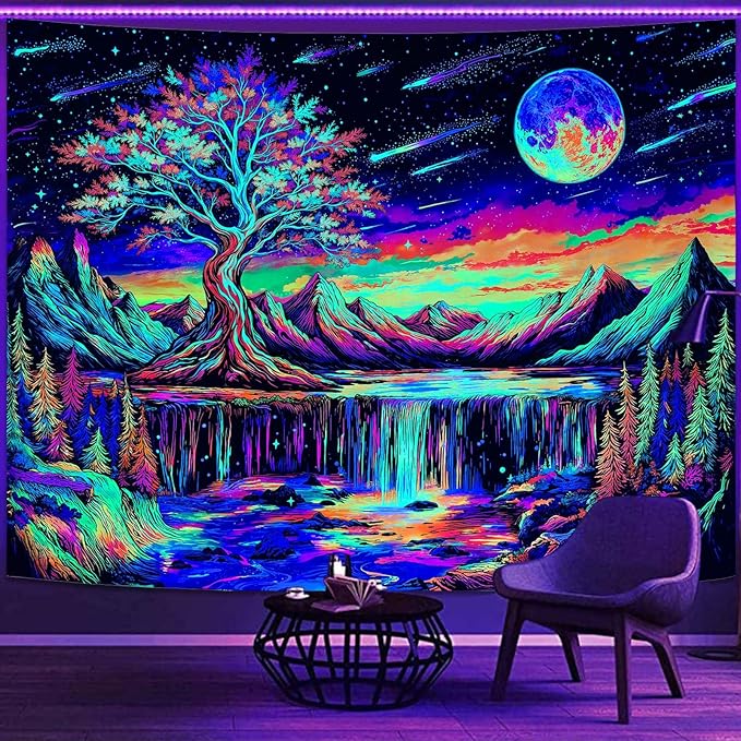 Zussun Blacklight Tree of Life Tapestry UV Reactive Moon Mountain Forest Waterfull Tapestry for Bedroom Aesthetic Nature Small Tapestries Wall Hanging for Dorm Living Room Decor 60 x 44 Inch
