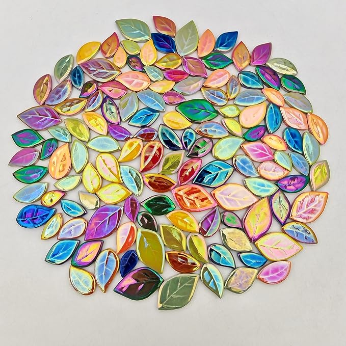 500g/1.1lb Leaf-Shaped Ceramic Mosaic Tiles,Ceramic Mosaic Pieces for Crafts,Mosaic Tiles for Home Decoration or DIY Crafts,Mosaic Making Supplies. (Iridescent Mixed Color)