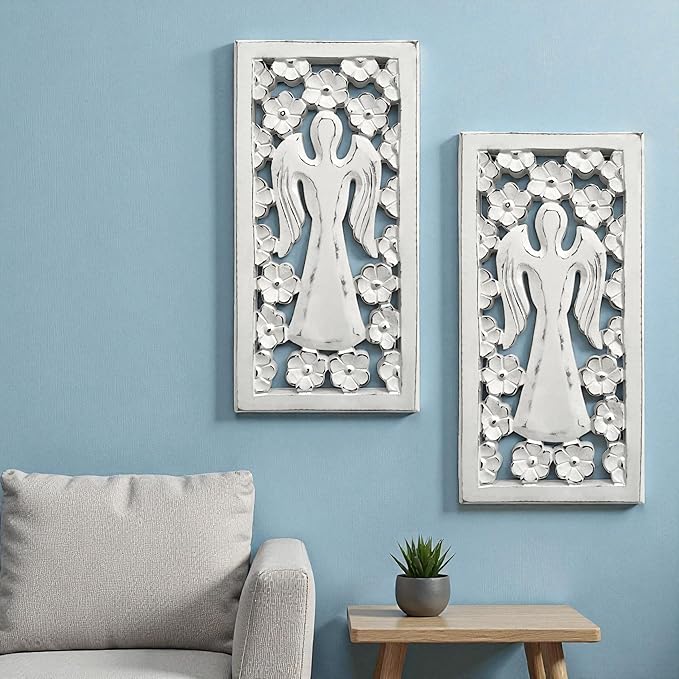 Wood Wall Art - Wall Panels in Handcrafted Carved Wood For Livingroom Bedroom,Dining room,Elegant Decorative Wall Art for Home & Office 8x16" Set of 2 White Antique_Angels Designs