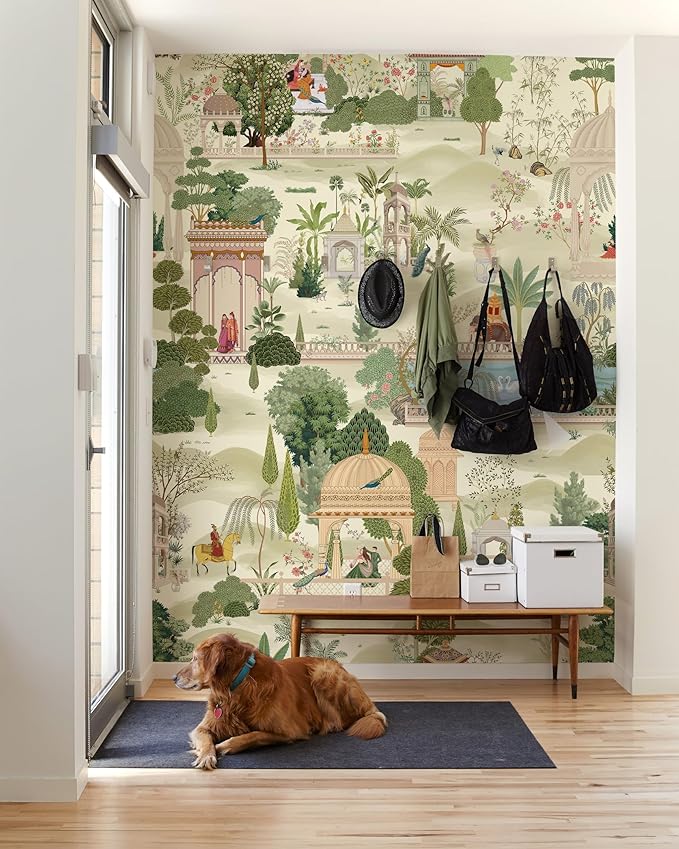 Zeeko Exotic Tropical Green Wall Mural Peel and Stick 59" W x 98" H Botanical Indian Garden Canvas Waterproof Self-Adhesive Removable Wallpaper for Hallway Large Art Wall Decor