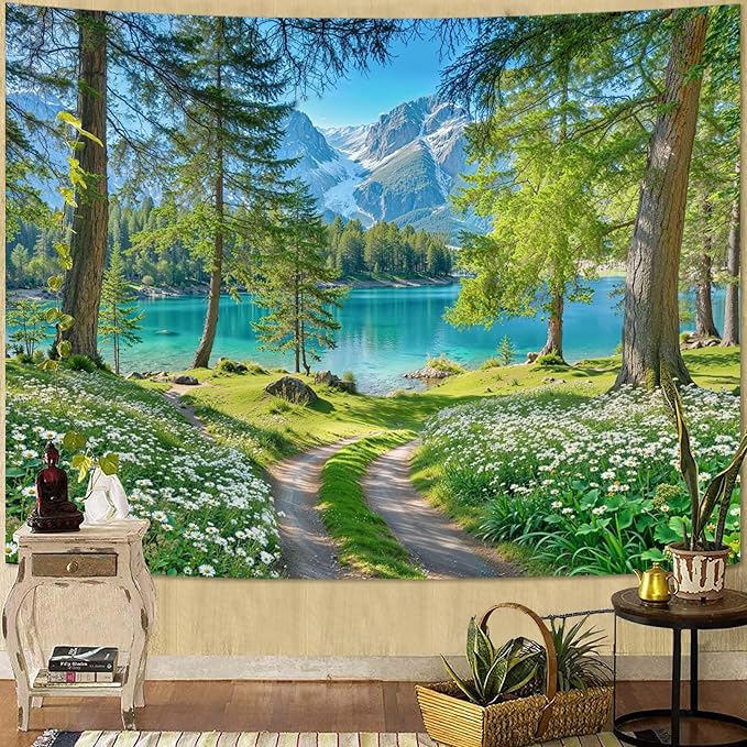 Zussun Nature Mountain Forest Tapestry Daisy Flower Path Turquoise Lake Tapestry for Bedroom Aesthetic Snowy Mountain Landscape Small Tapestries Wall Hanging for Dorm Living Room Decor 48 x 36 Inch