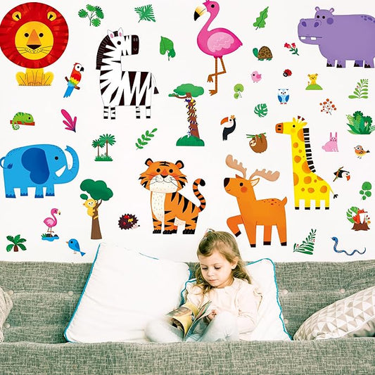 113 PCS Animal Wall Stickers, Self-Adhesive Vinyl Decals-Zebra, Flamingo, Giraffe, Lion, Elephant, Deer, Tiger, Hippo & Plants, Jungle Animals Decors for Baby Nursery, Kids Room, Playroom, Classroom