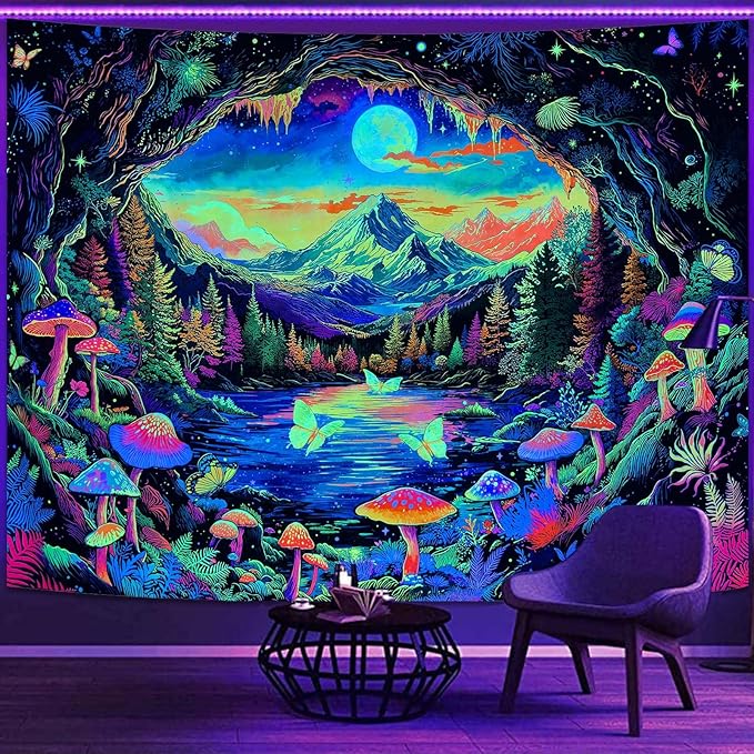 Zussun Blacklight Mushroom Forest Tapestry UV Reactive Nature Mountain Moon Butterfly Tapestry for Bedroom Aesthetic Landscape Large Tapestries Wall Hanging for Dorm Living Room Decor 80 x 60 Inch