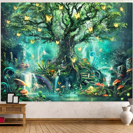Zussun Fantasy Forest Tapestry Green Fairy Magical Tree of Life Tapestry for Bedroom, Living Room, Office (48" x 36")