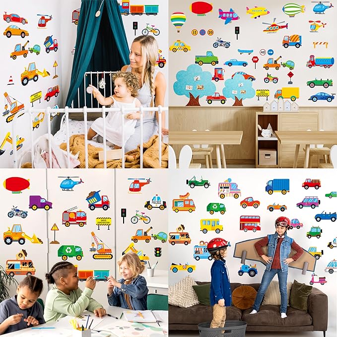 105 PCS Vehicle Wall Stickers, Self-Adhesive Vinyl Transportation Decals-Cars Buses Trucks Planes Road Signs, Colorful Wall Decors for Kids Room, Playroom, Classroom, Boys & Girls