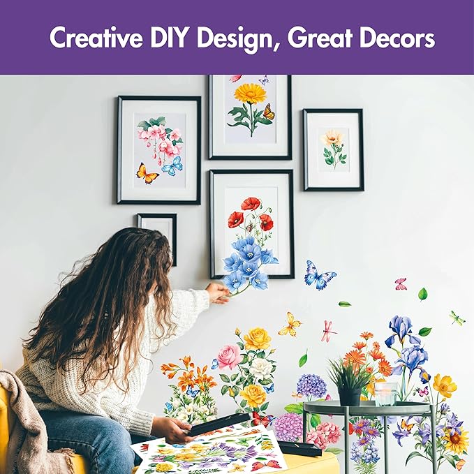 113 PCS Flower Wall Decals, Self-Adhesive Vinyl Wall Stickers, Wildflower, Butterfly & Dragonfly Stickers, Colorful Design Safe for Wall, Window, Door, Room Decor