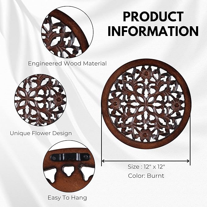 Woodify Hand-Carved Wooden Wall Décor – Set of 2, 12" x 12" Decorative Wood Panels, Floral Design, Natural Burnt Finish, Wall Art for Living Room & Home Décor