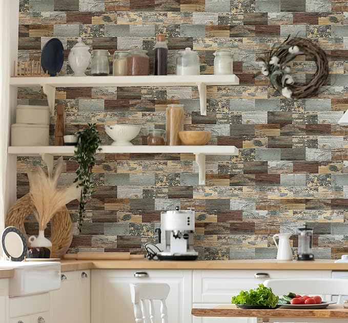 10-Pack Peel and Stick Tile Backsplash 13.5"X11.4" PVC Wall Tiles, Stick on Backsplash for Kitchen, Bathroom Tile, Fireplace Décor, Laundry Table, Stair Decals in Mix Rustic