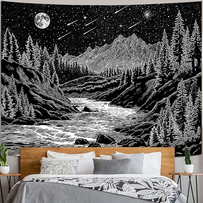 Zussun Black and White Forest Mountain Tapestry for Bedroom Aesthetic Dark Nature Pine Trees Stream Tapestries Wall Hanging Moon and Stars Wall Tapestry for Living Room Dorm 60 × 44 Inch