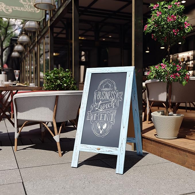 A Frame Chalkboard by HBCY Creations: 40x20 Solid Wood A-Frame Sign Robin Blue Double-Sided Magnetic Board, Chalkboard Menu Board, for Restaurants, Cafés, Weddings - Heavy Duty Hinges