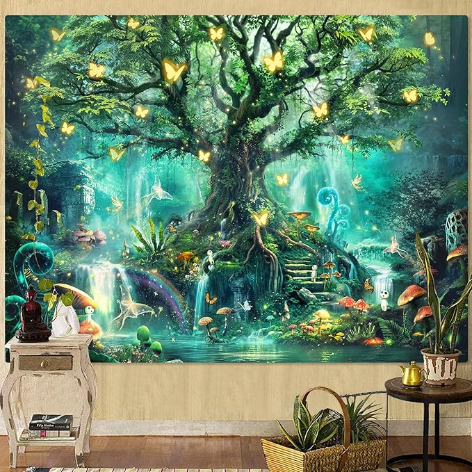 Zussun Fantasy Forest Tapestry Green Fairy Magical Tree of Life Tapestries for Bedroom Aesthetic Nature Plant Mushroom Butterfly Elves Wall Tapestry for Living Room Dorm (60" x 44")