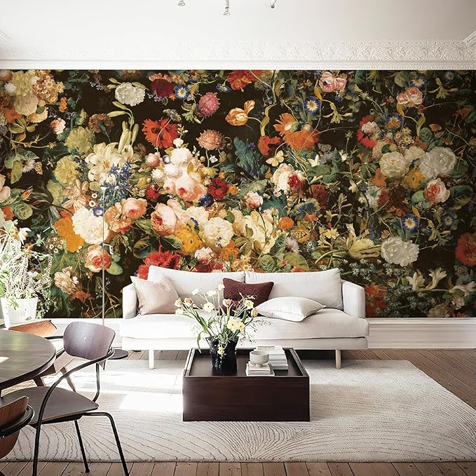 Zeeko Dark Floral Wallpaper Peel and Stick 177" W x 110" H Waterproof Canvas Fabric Vintage Moody Large Wall Mural Self Adhesive Removable Wall Paper for Bedroom Living Room Art Deco