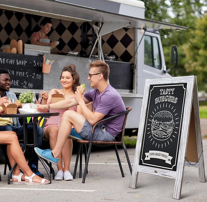 A Frame Chalkboard with Chalk Markers by HBCY Creations: 40x20 Solid Wood A-Frame Sign Whitewash Double-Sided Magentic Menu Board, Deluxe Set Includes 8 Chalk Markers, 10 Stencils, 2 Magnets