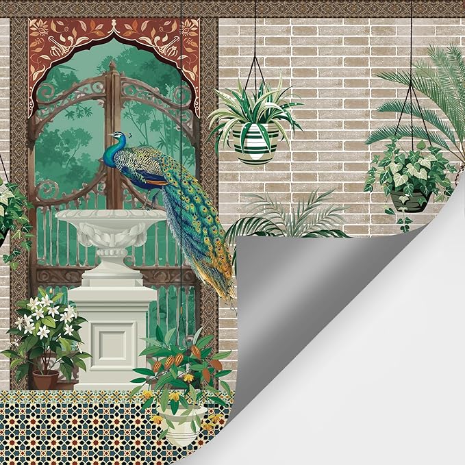 Zeeko Exotic Tropical Green Wall Mural Peel and Stick 148" W x 110" H Large Botanical Indian Garden Wallpaper with Peacock Self-Adhesive Canvas Mural for Living Room Accent Wall Bathroom