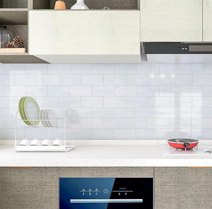 Yipscazo 2025 New Upgrade Peel and Stick backsplash 3 x 6 Inches 3D PVC Composite Wall Tile Stick on Backsplash Tile for Kitchen Bathroom (Polished Marble White Grey, 160 Pieces)