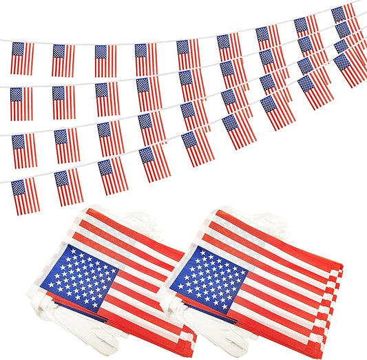 100 Feet USA American Banner Flag String, US United States Mini Flag Small Banner, for Party, Shops and Bars Decorations, Outdoor Decorations, 76 Flags