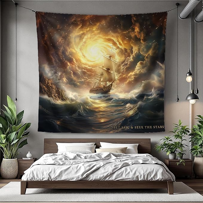 Xolytar Fantasy Pirate Ship Tapestry Set Sail - Dark Academia Room Decor, Vintage Nautical Ocean Storm Wall Art, Motivational Quote for Boys Bedroom, Man Cave (50x60)
