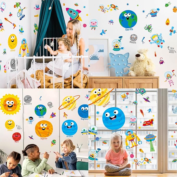 142 PCS Outer Space Wall Decals, Self-Adhesive Vinyl Stickers, Universe Solar System, Planets, Astronauts, Rocket, Aliens, Stars, Colorful Wall Decors for Kids Room, Playroom, Classroom